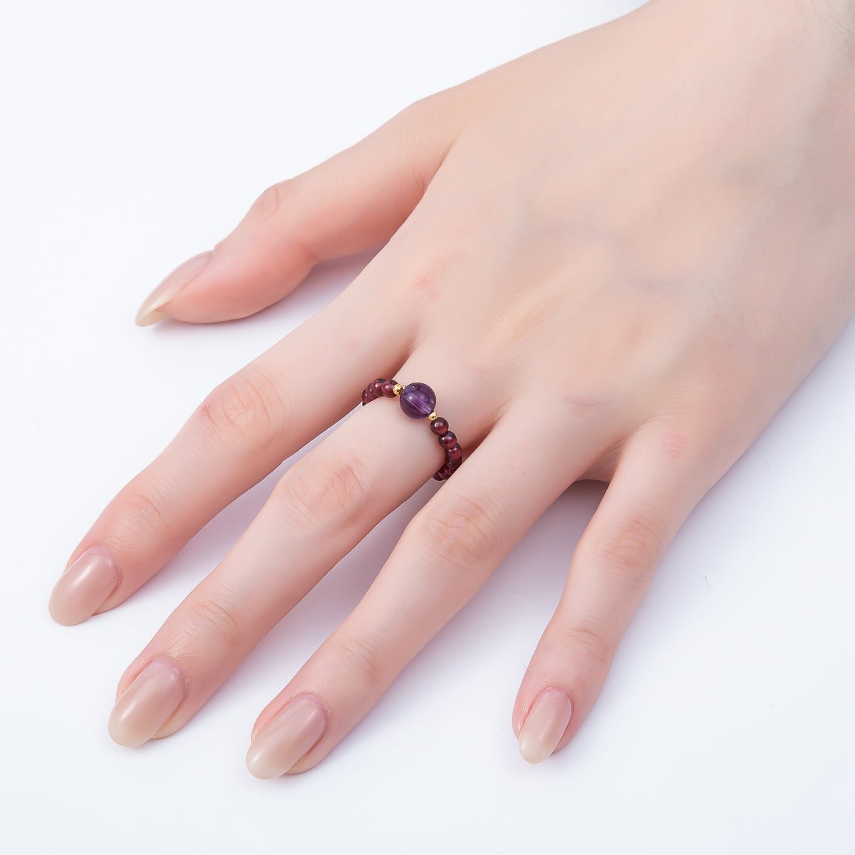 16K Gold Filled Natural Gemstone Round Beaded Elastic Stretch Ring | Rings-00096 ~ Rings-00107