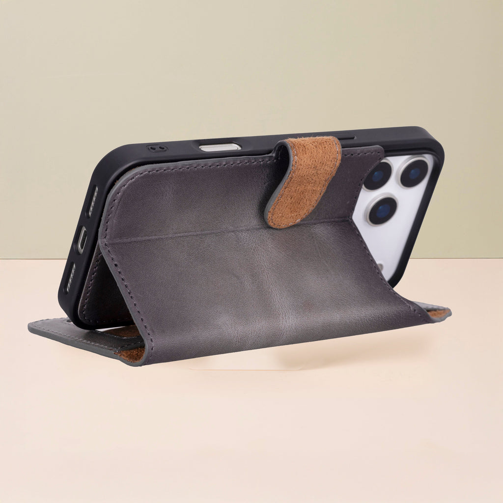 Leather iPhone 17 Pro Wallet Case – Gray - Austin