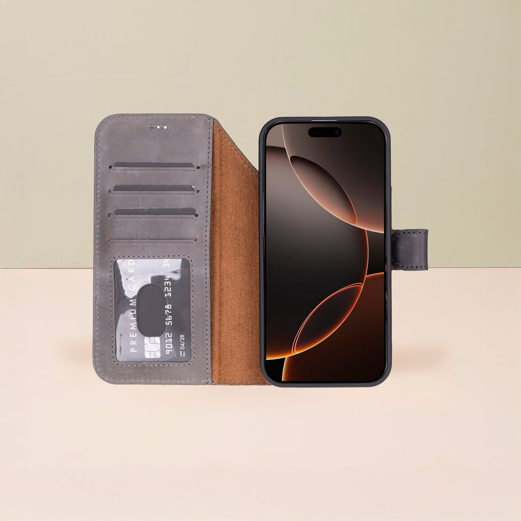 Leather iPhone 17 Pro Wallet Case – Gray - Austin