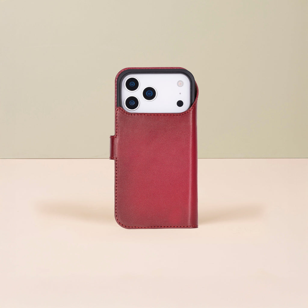 Leather iPhone 17 Pro Wallet Case – Red - Austin