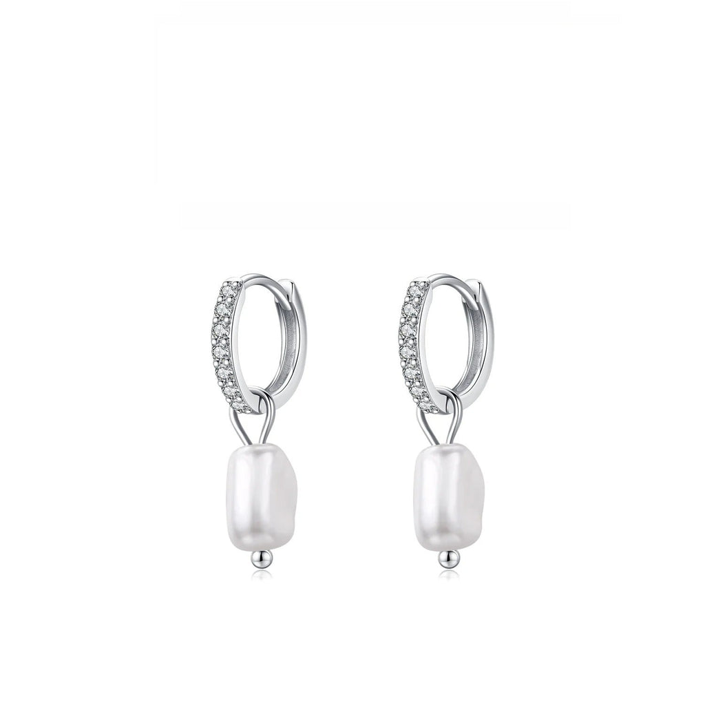 Baroque Pearl Hoop Earrings in Sterling Silver with Sparkling Accents