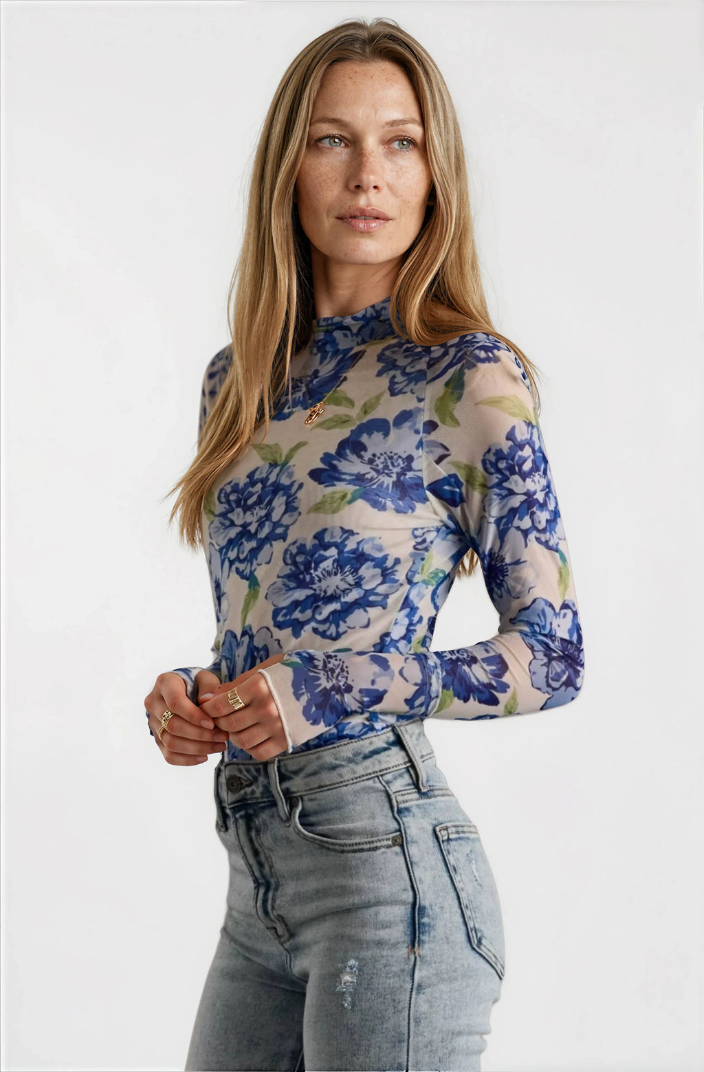 Blue, White & Green Floral Mesh Top