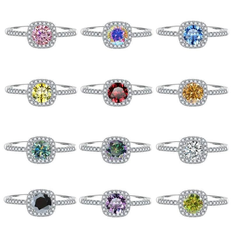S925 Multicolor Moissanite Cushion Halo Adjustable Rings with Pavé-Set Band & Square Accents, 0.5ct-2ct D-Grade VVS Certificate, 12 Vibrant Colors