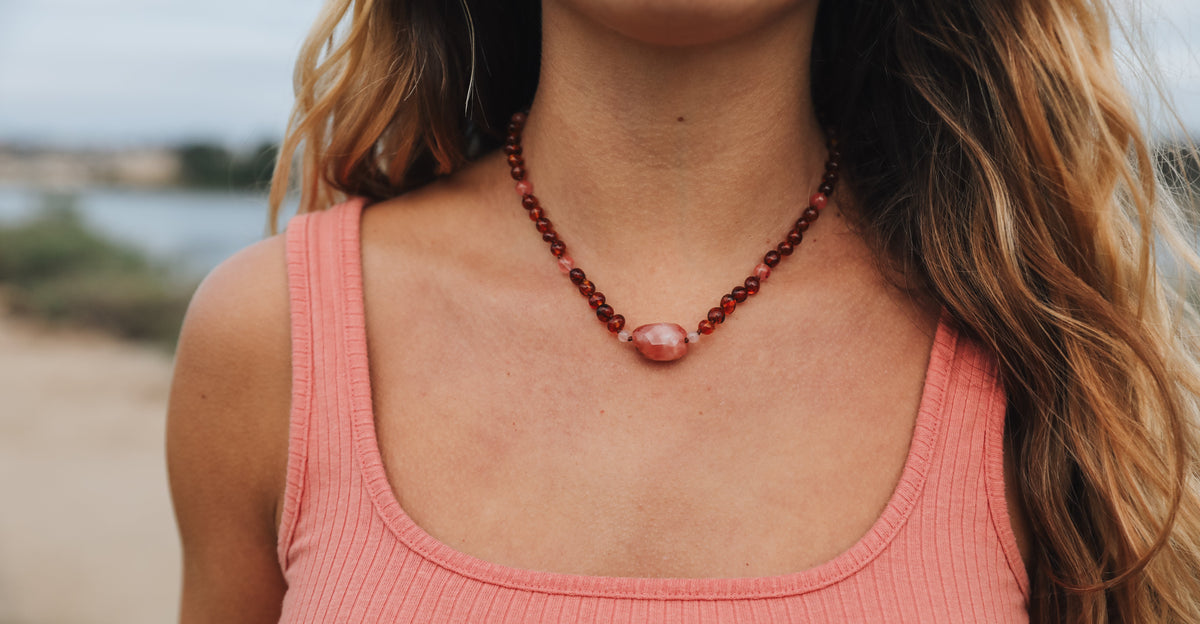 Cognac Baltic Sea Amber || Cherry + Rose Quartz || Necklace Set