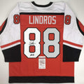Autographed/Signed Eric Lindros HOF 16 Philadelphia Orange Hockey Jersey JSA COA