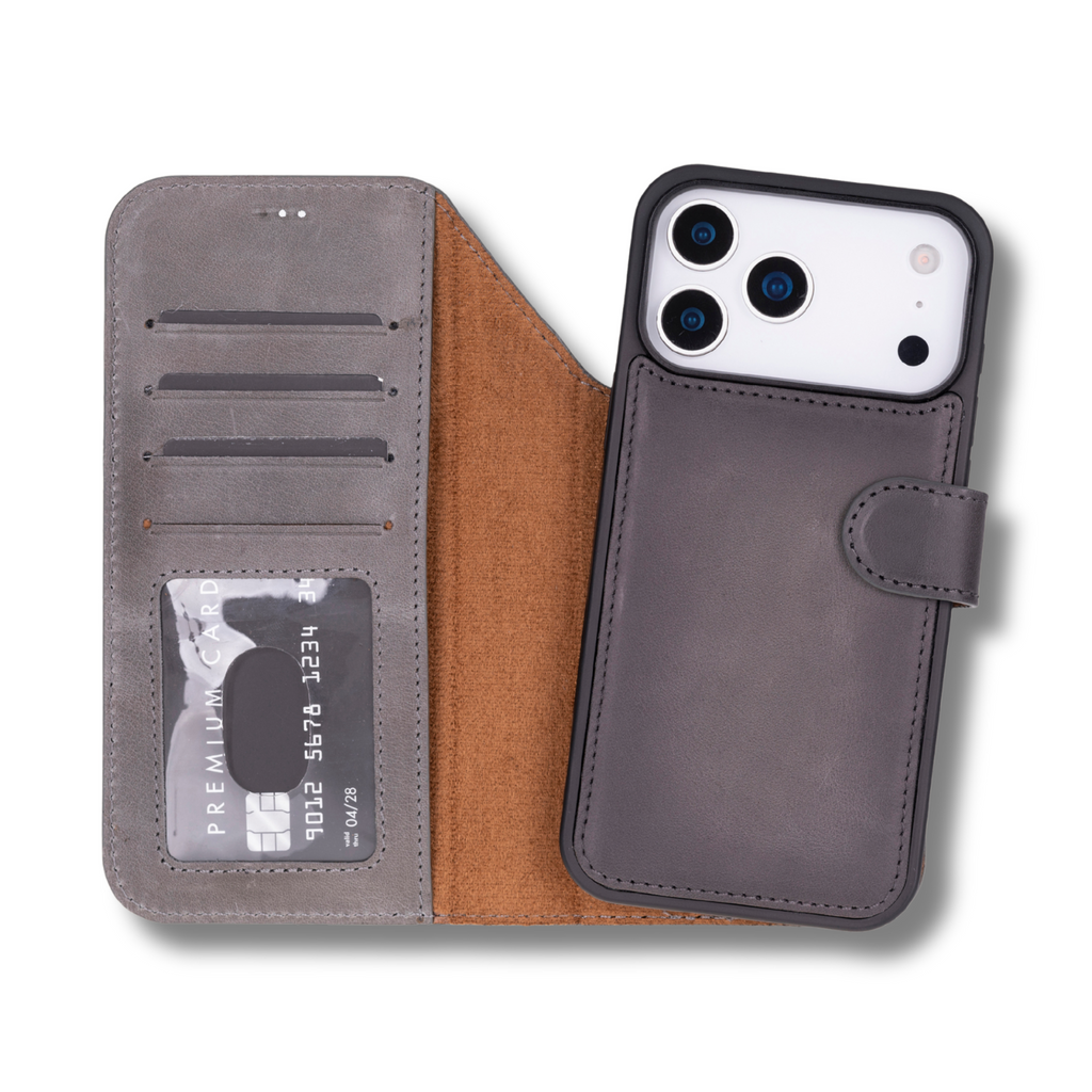 Leather iPhone 17 Pro Max Wallet Case – Gray - Austin