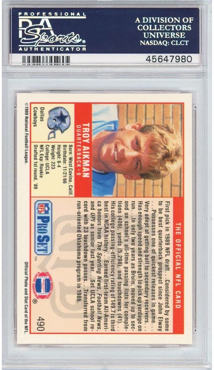 Graded 1989 Pro Set Troy Aikman #490 Rookie RC Football Card PSA 10 Gem Mint
