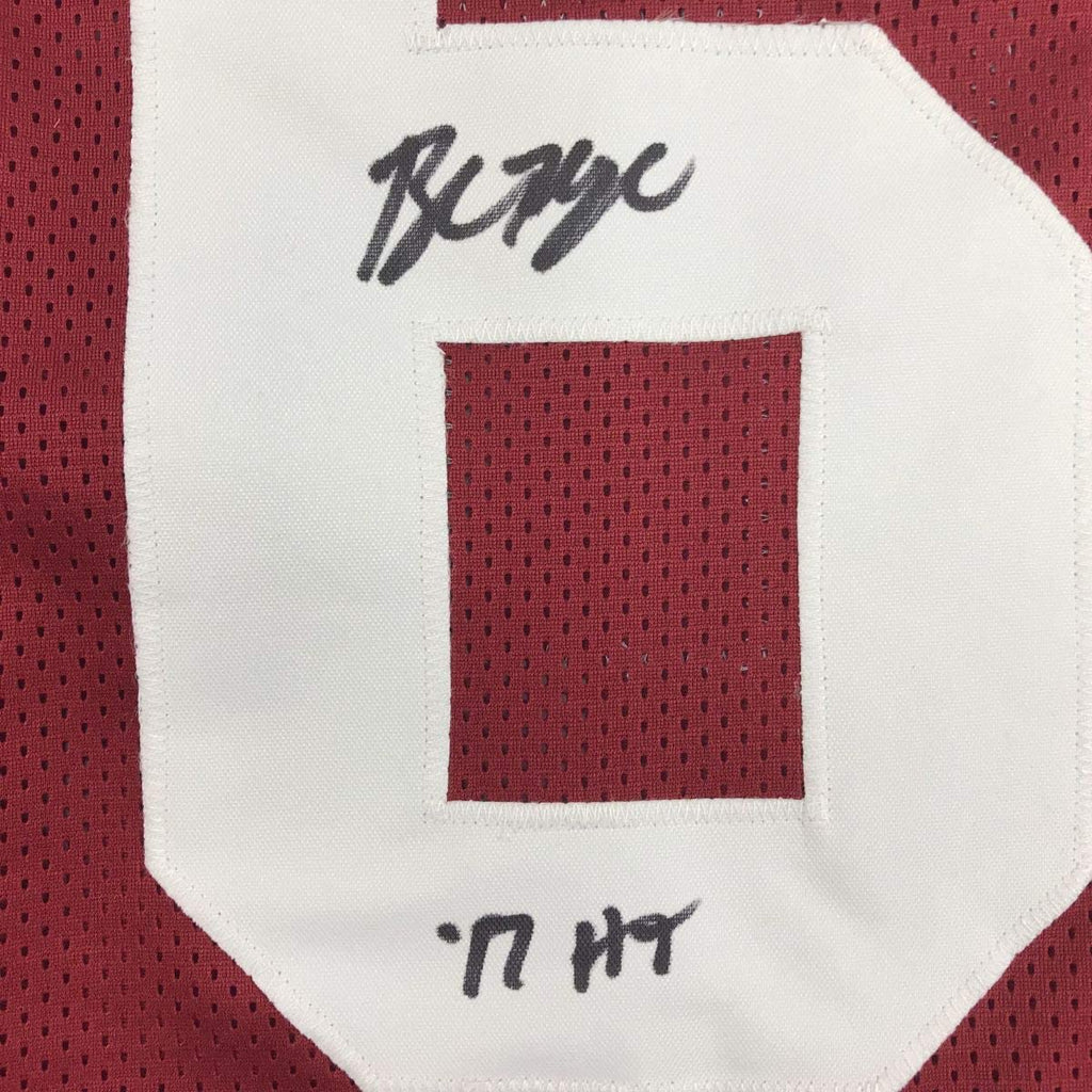Autographed/Signed Baker Mayfield HT 17  Oklahoma Crimson Football Jersey Beckett BAS COA