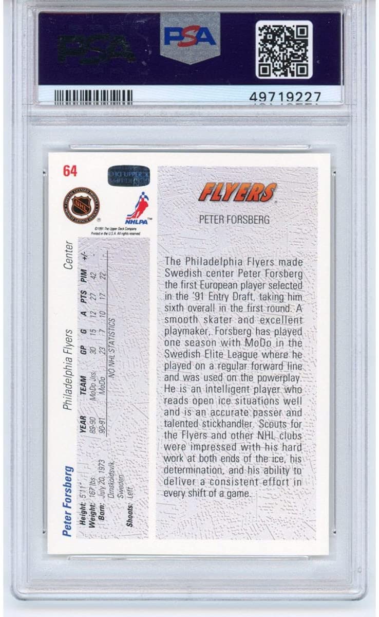 Graded 1990-91 Upper Deck UD Peter Forsberg #64 Rookie RC Hockey Card PSA 10 Gem Mint