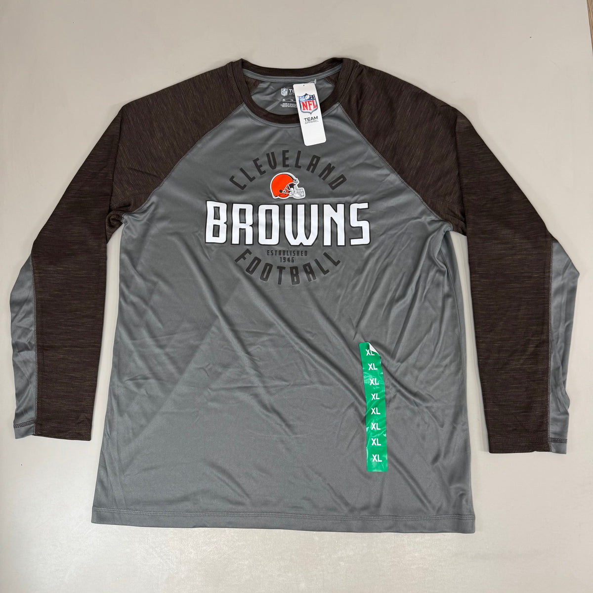 NFL Cleveland Browns Long Sleeve Shirt XL Brown/Grey 1802970 Established 1946