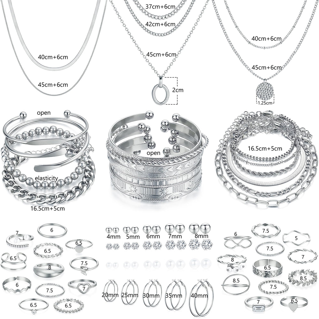 Jewelry 68 Pcs Gold Jewelry Set for Women with 7 Necklace, 17 Bracelet, 5 Hoop Earrings, 15 Stud Earrings, 24 Knuckle Rings for Women Jewelry Set for Women Gift