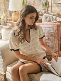 Contrast Detail Crochet Short Sleeve Sweater Top