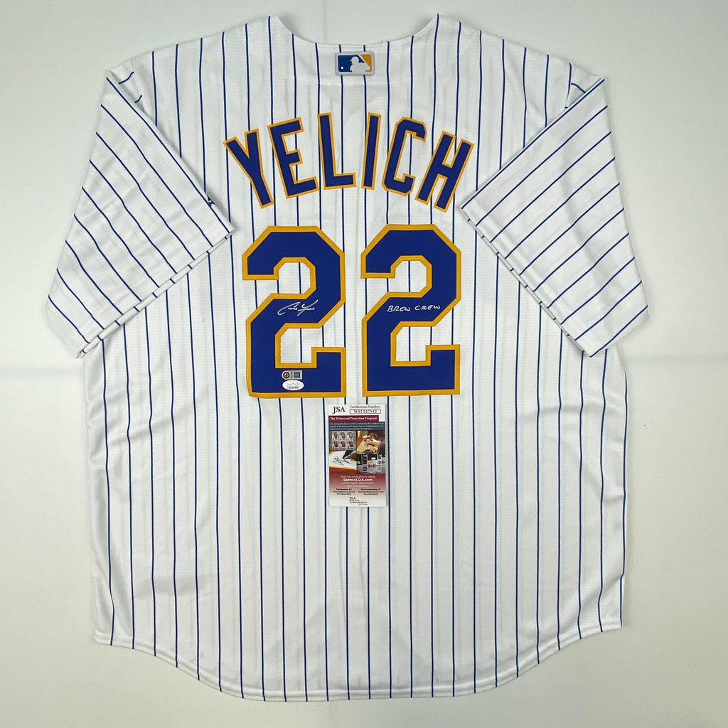 Autographed/Signed Christian Yelich Brew Crew Milwaukee Brewers Pinstripe Cool Base Baseball Jersey JSA COA