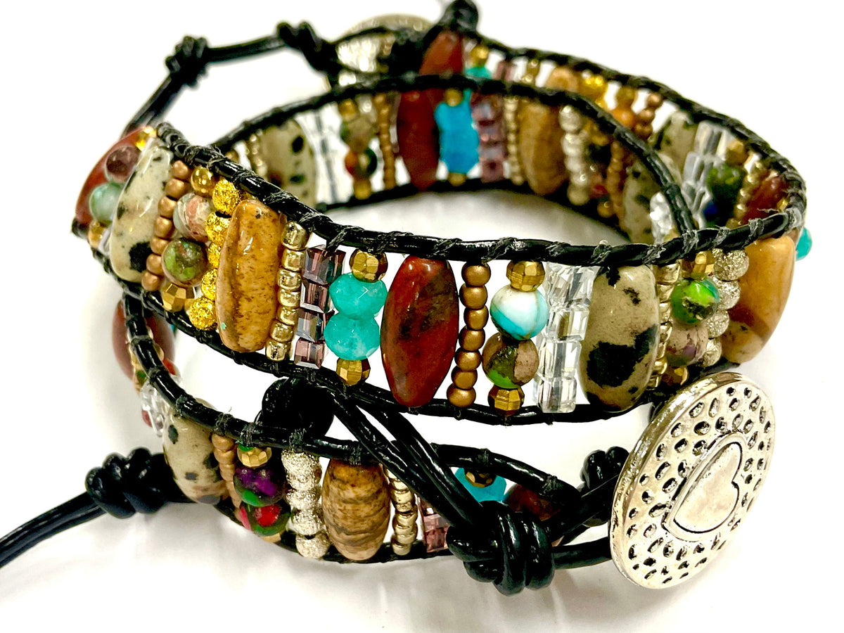 Natural Stone and wood beaded Bracelet Boho design with Leather button on closure