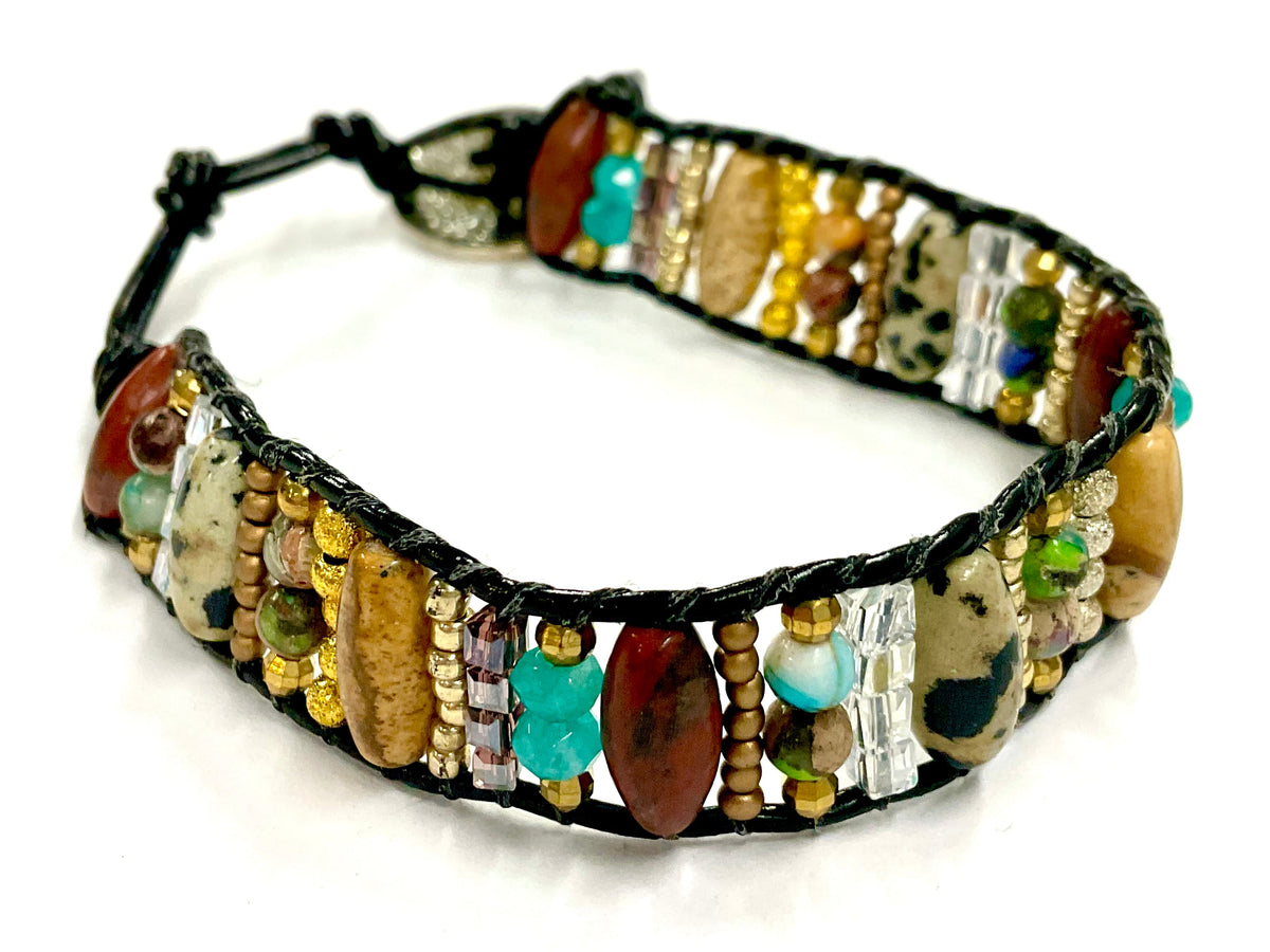 Natural Stone and wood beaded Bracelet Boho design with Leather button on closure