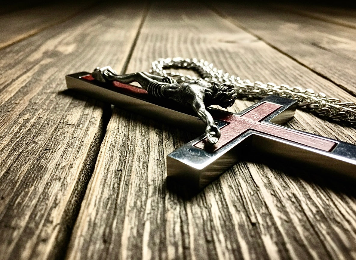 Behemoth wood inlayed crucifix cross necklace for men man women stainless steel large hypoallergenic cross 2