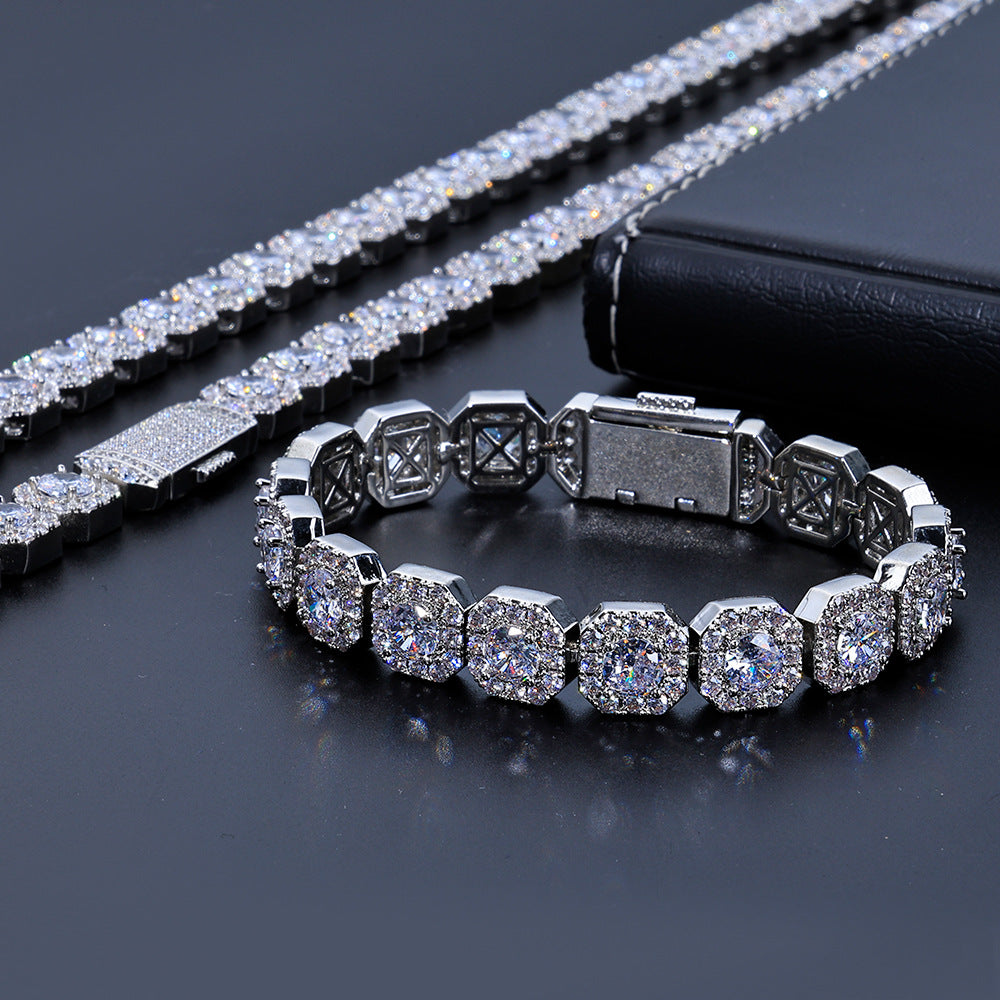 Stacking Geometric Zirconia-Set Hip Hop Chain Bracelet in Gold or White Gold – 10mm or 12mm Width