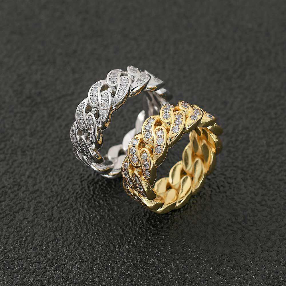 8mm Cuban Link Ring with Cubic Zirconia Stones in Gold or White Gold