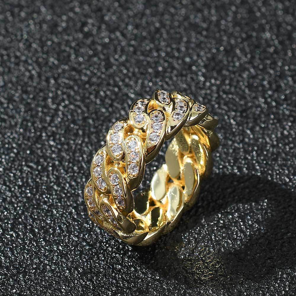 8mm Cuban Link Ring with Cubic Zirconia Stones in Gold or White Gold