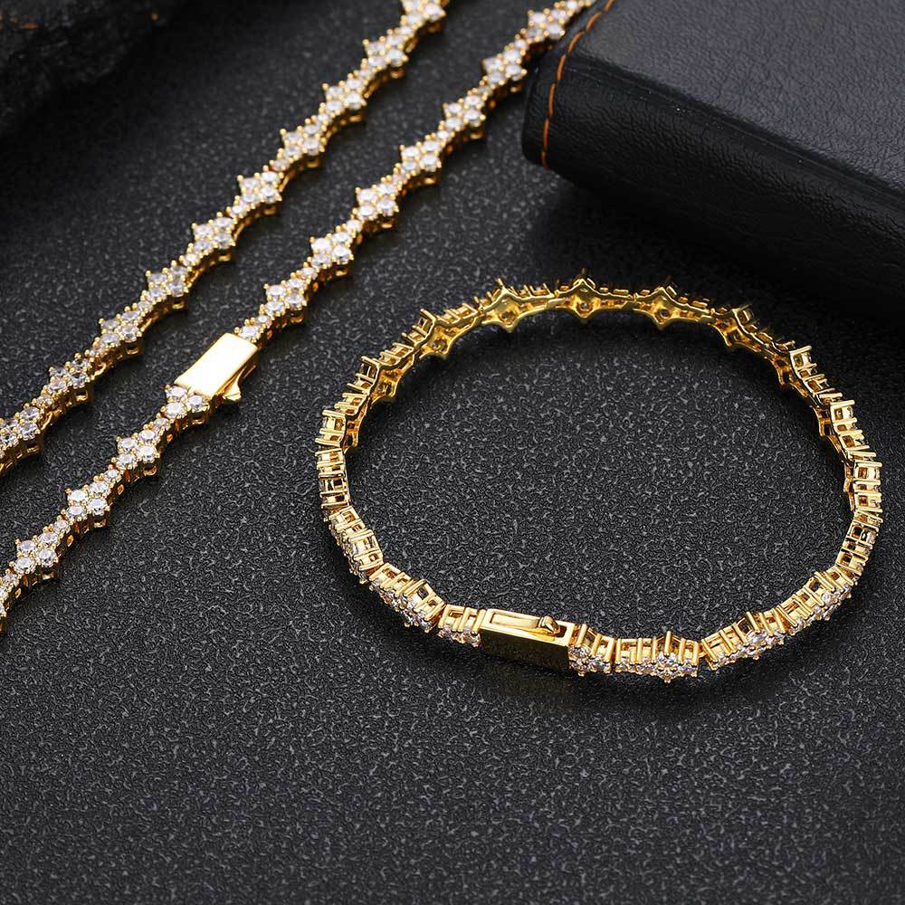 Tennis Chain Necklace and Bracelet Set with Cubic Zirconia in Gold or White Gold