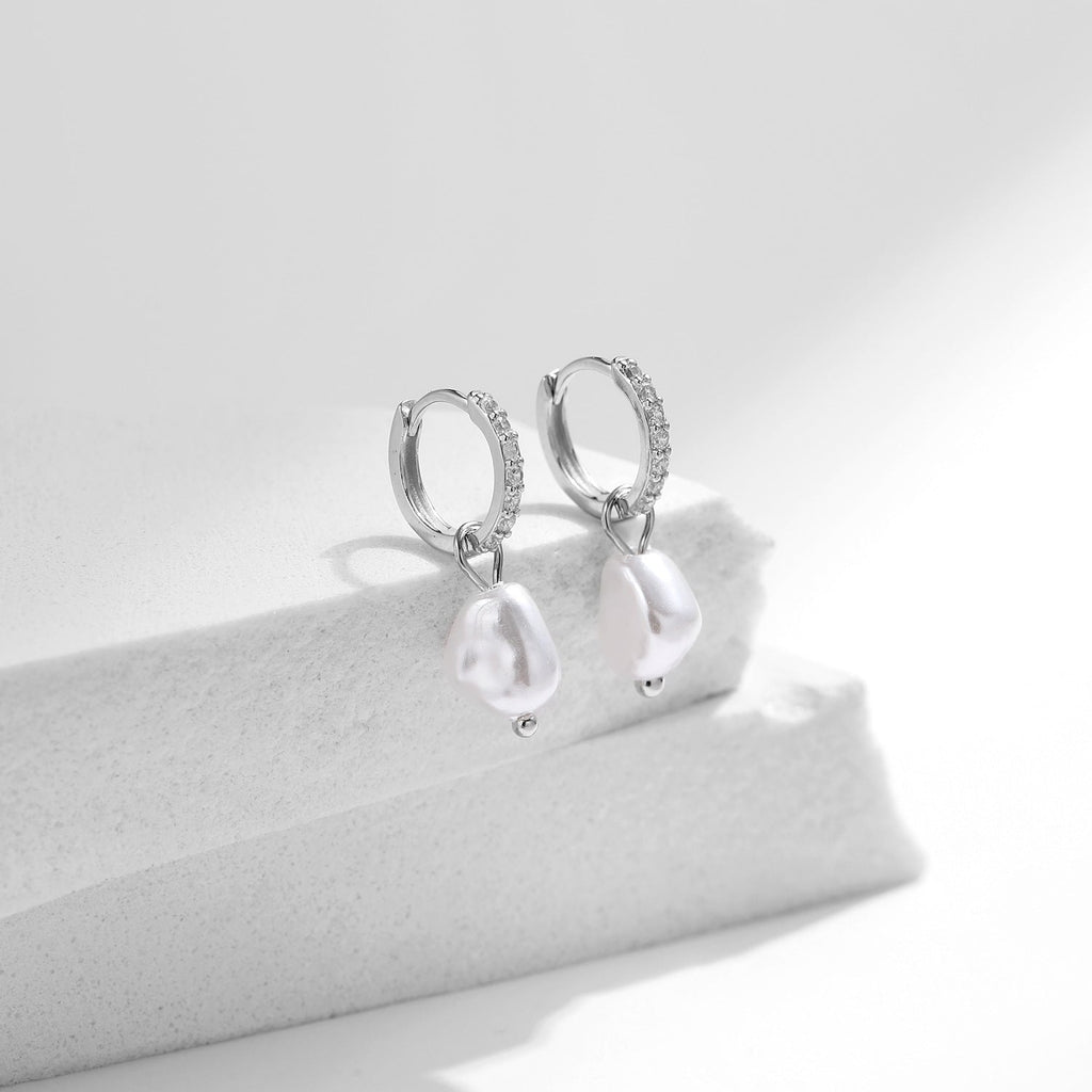 Baroque Pearl Hoop Earrings in Sterling Silver with Sparkling Accents