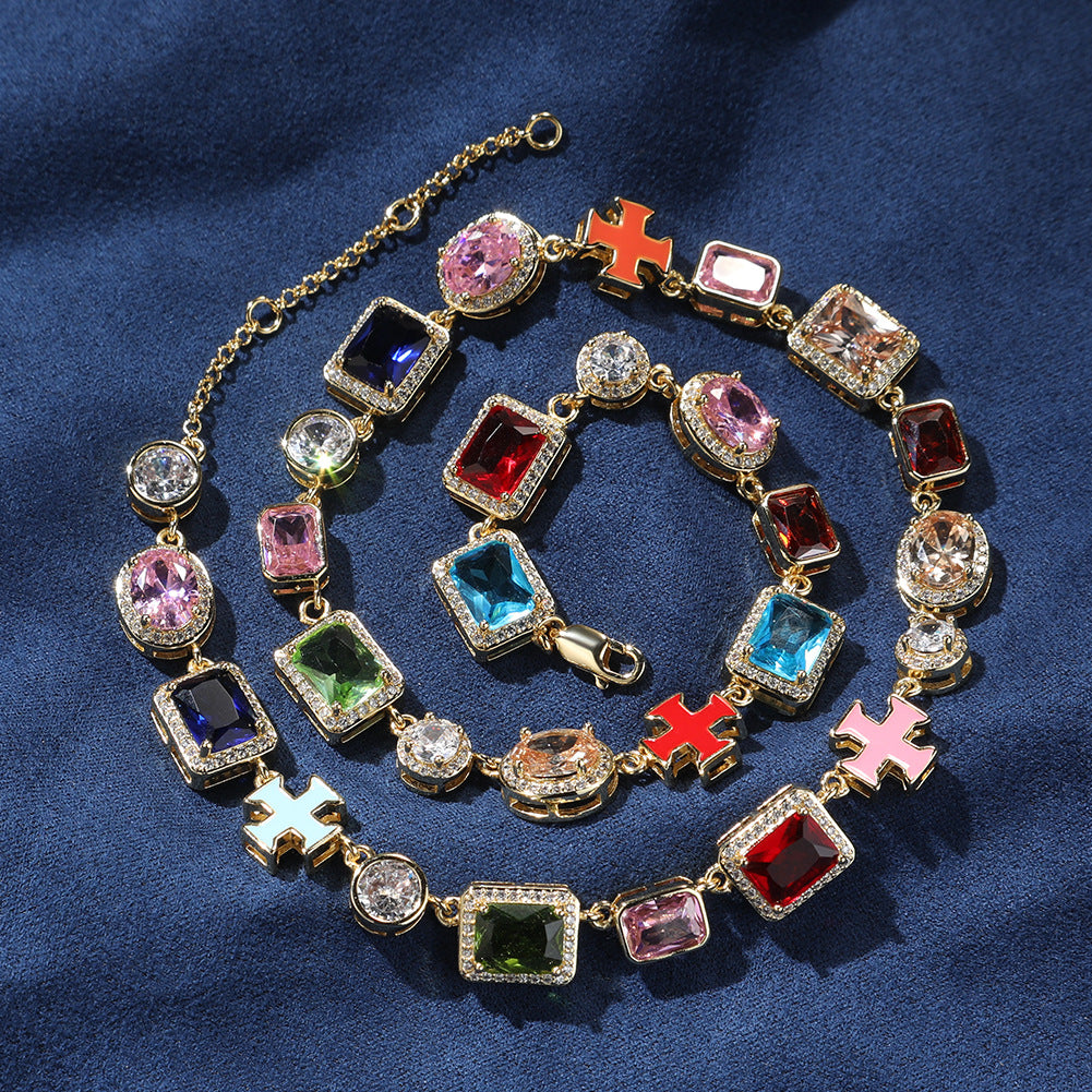 Exquisite diamond-encrusted colored gemstone bracelet and necklace