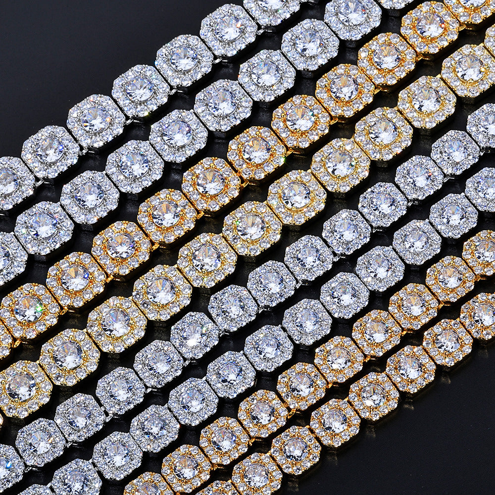 Stacking Geometric Zirconia-Set Hip Hop Chain Bracelet in Gold or White Gold – 10mm or 12mm Width
