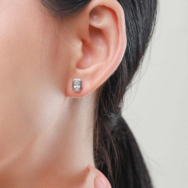 Geometric Square Sterling Silver Stud Earrings with Simulated Diamonds