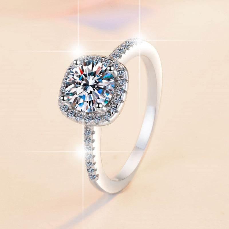 S925 Multicolor Moissanite Cushion Halo Adjustable Rings with Pavé-Set Band & Square Accents, 0.5ct-2ct D-Grade VVS Certificate, 12 Vibrant Colors