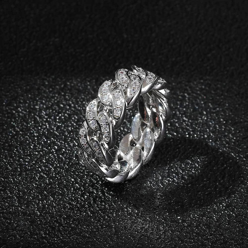 8mm Cuban Link Ring with Cubic Zirconia Stones in Gold or White Gold