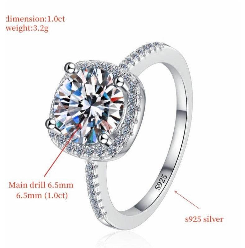 S925 Multicolor Moissanite Cushion Halo Adjustable Rings with Pavé-Set Band & Square Accents, 0.5ct-2ct D-Grade VVS Certificate, 12 Vibrant Colors