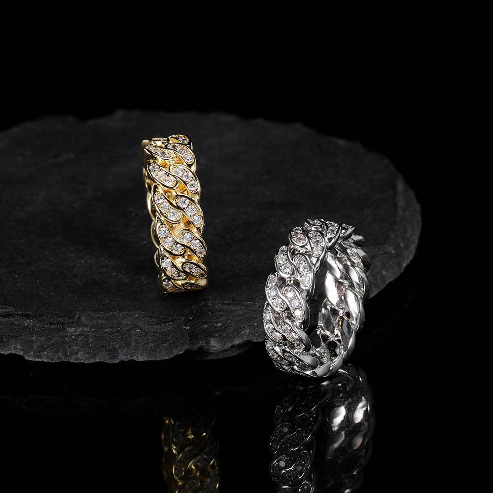 8mm Cuban Link Ring with Cubic Zirconia Stones in Gold or White Gold