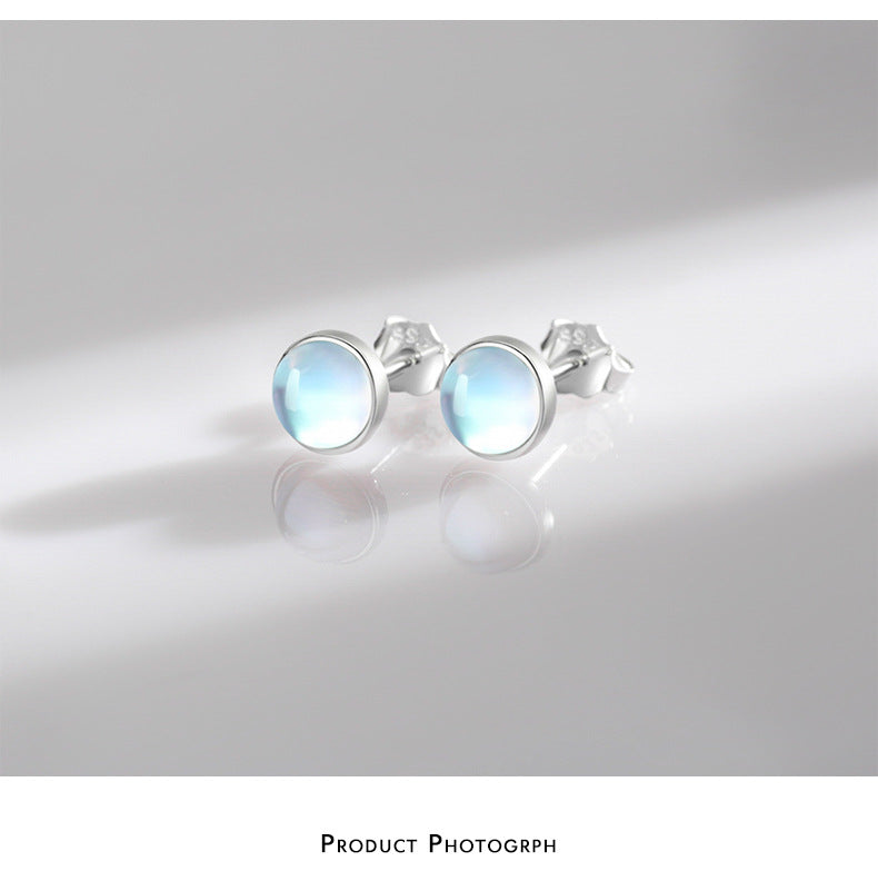 Stacking Round Moonstone Stud Earrings in Sterling Silver – Minimalist Korean-Inspired Jewelry