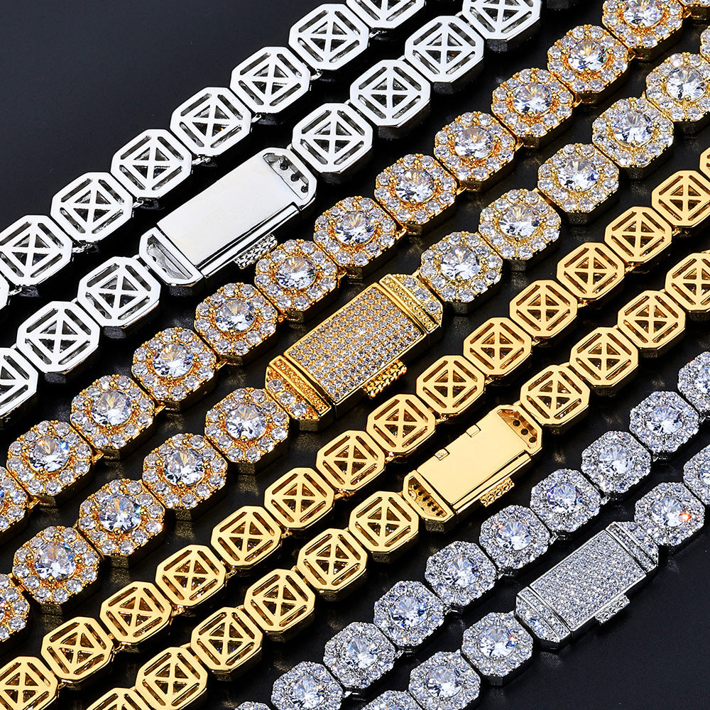 Stacking Geometric Zirconia-Set Hip Hop Chain Bracelet in Gold or White Gold – 10mm or 12mm Width