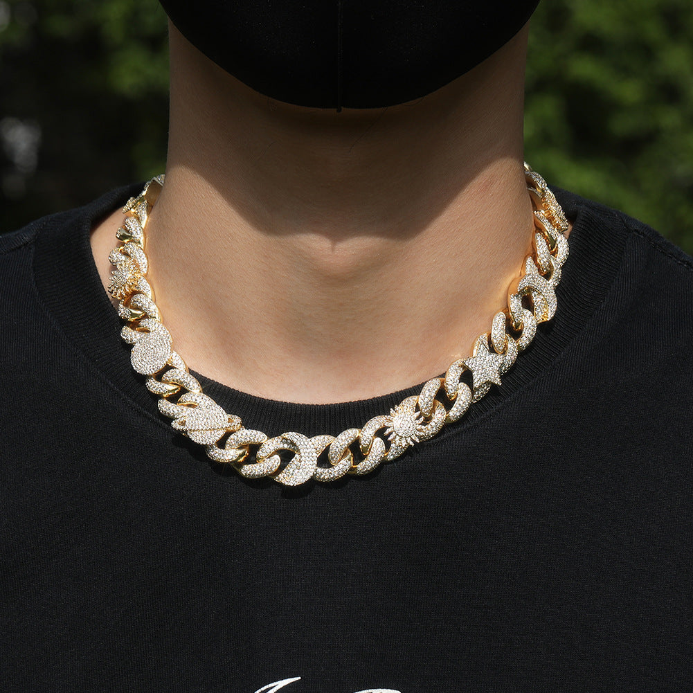 Hip-hop zircon-encrusted sun, star and eye necklace