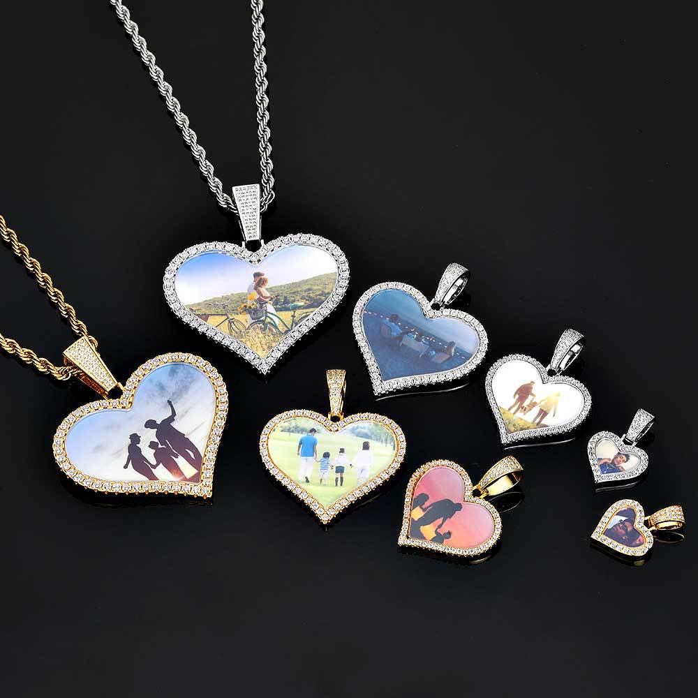 Heart-Shaped Photo Pendant Necklace with Cubic Zirconia Accents in Gold or White Gold
