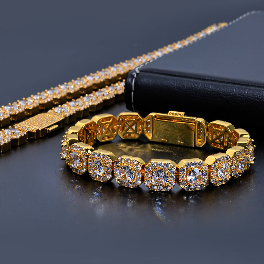 Stacking Geometric Zirconia-Set Hip Hop Chain Bracelet in Gold or White Gold – 10mm or 12mm Width