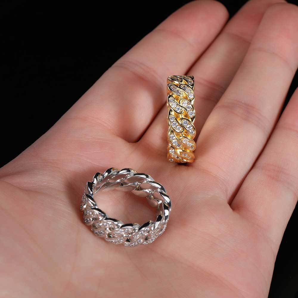 8mm Cuban Link Ring with Cubic Zirconia Stones in Gold or White Gold