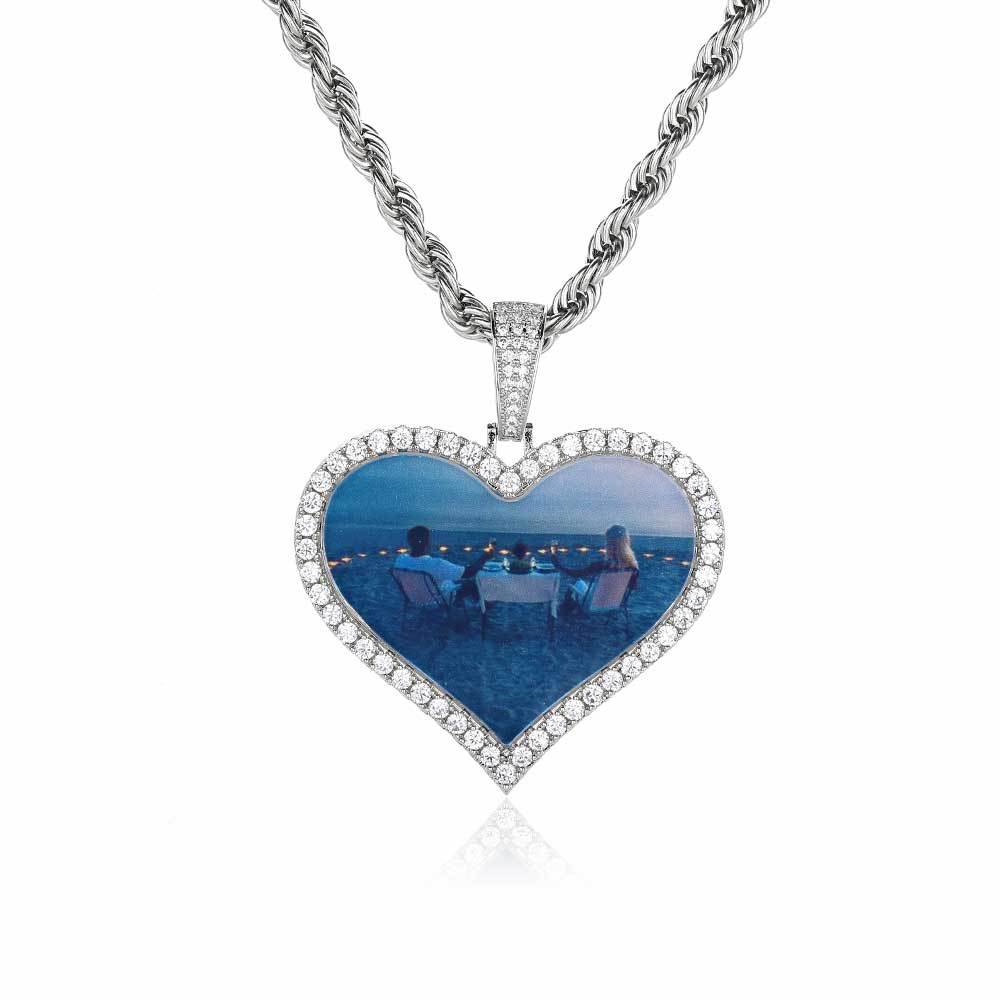 Heart-Shaped Photo Pendant Necklace with Cubic Zirconia Accents in Gold or White Gold
