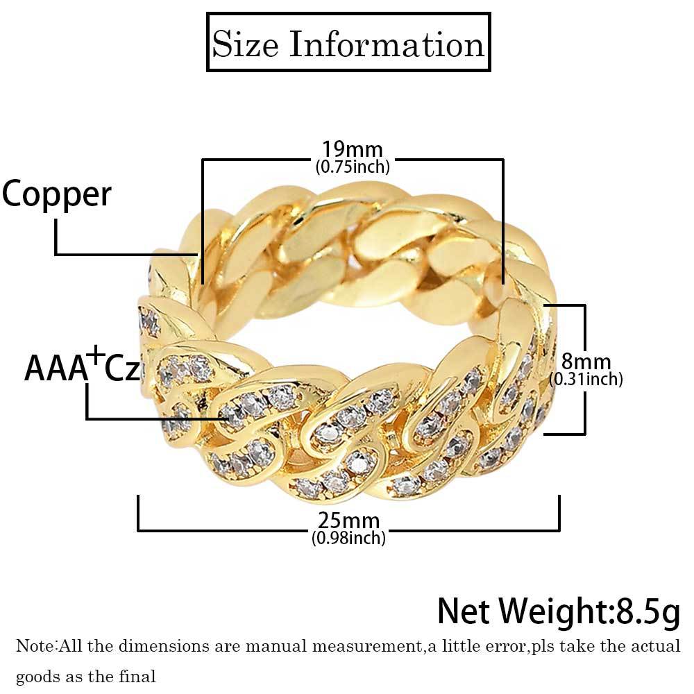 8mm Cuban Link Ring with Cubic Zirconia Stones in Gold or White Gold