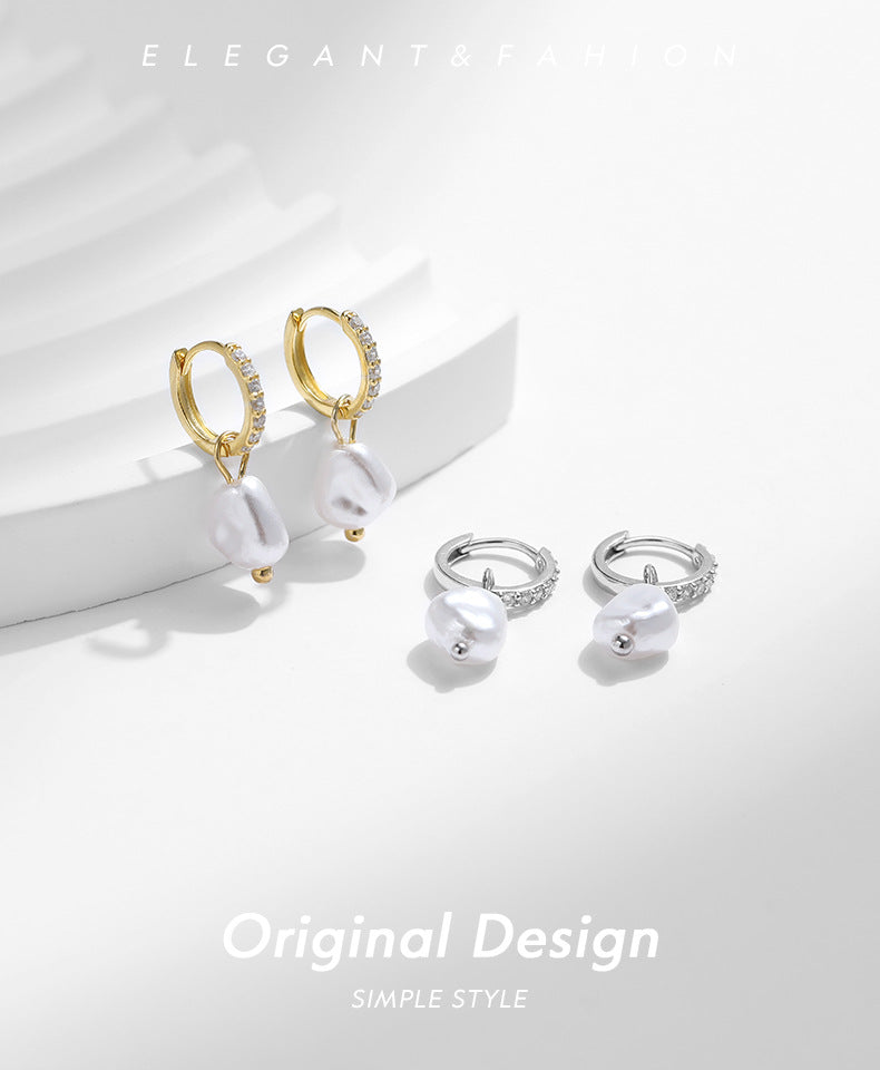 Baroque Pearl Hoop Earrings in Sterling Silver with Sparkling Accents
