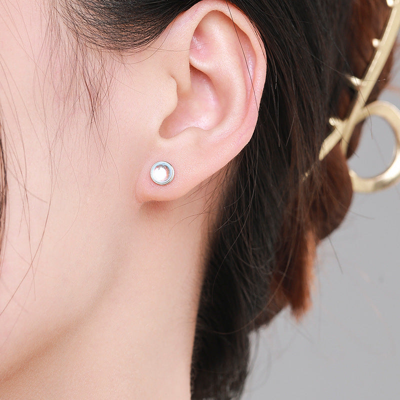 Stacking Round Moonstone Stud Earrings in Sterling Silver – Minimalist Korean-Inspired Jewelry