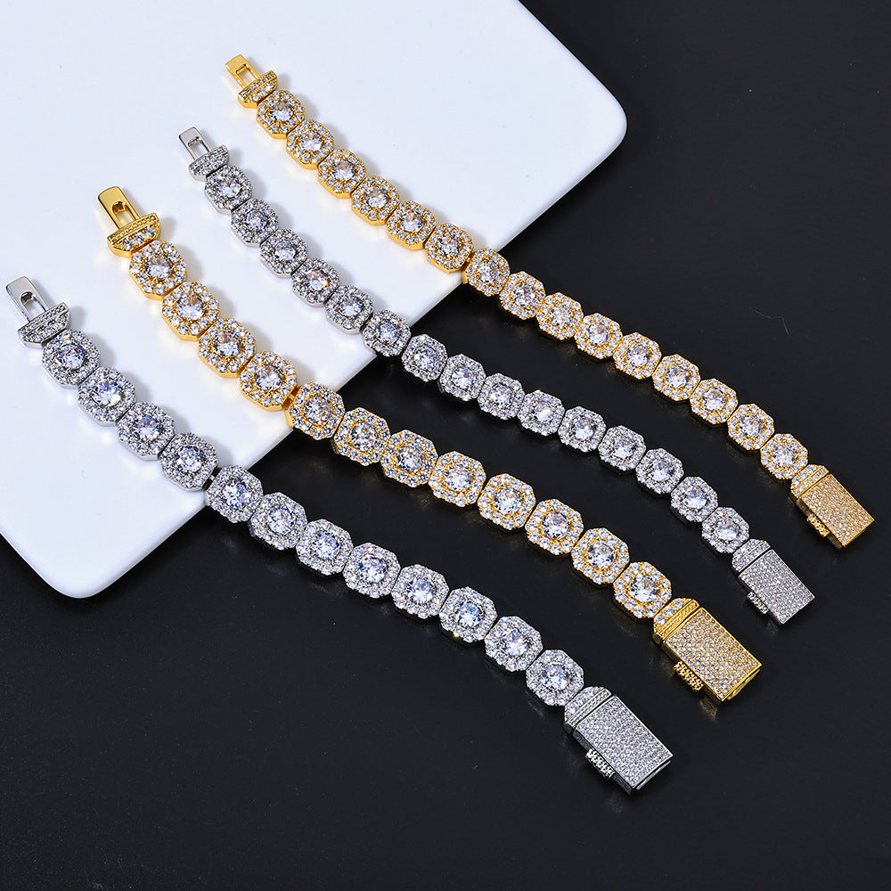 Stacking Geometric Zirconia-Set Hip Hop Chain Bracelet in Gold or White Gold – 10mm or 12mm Width