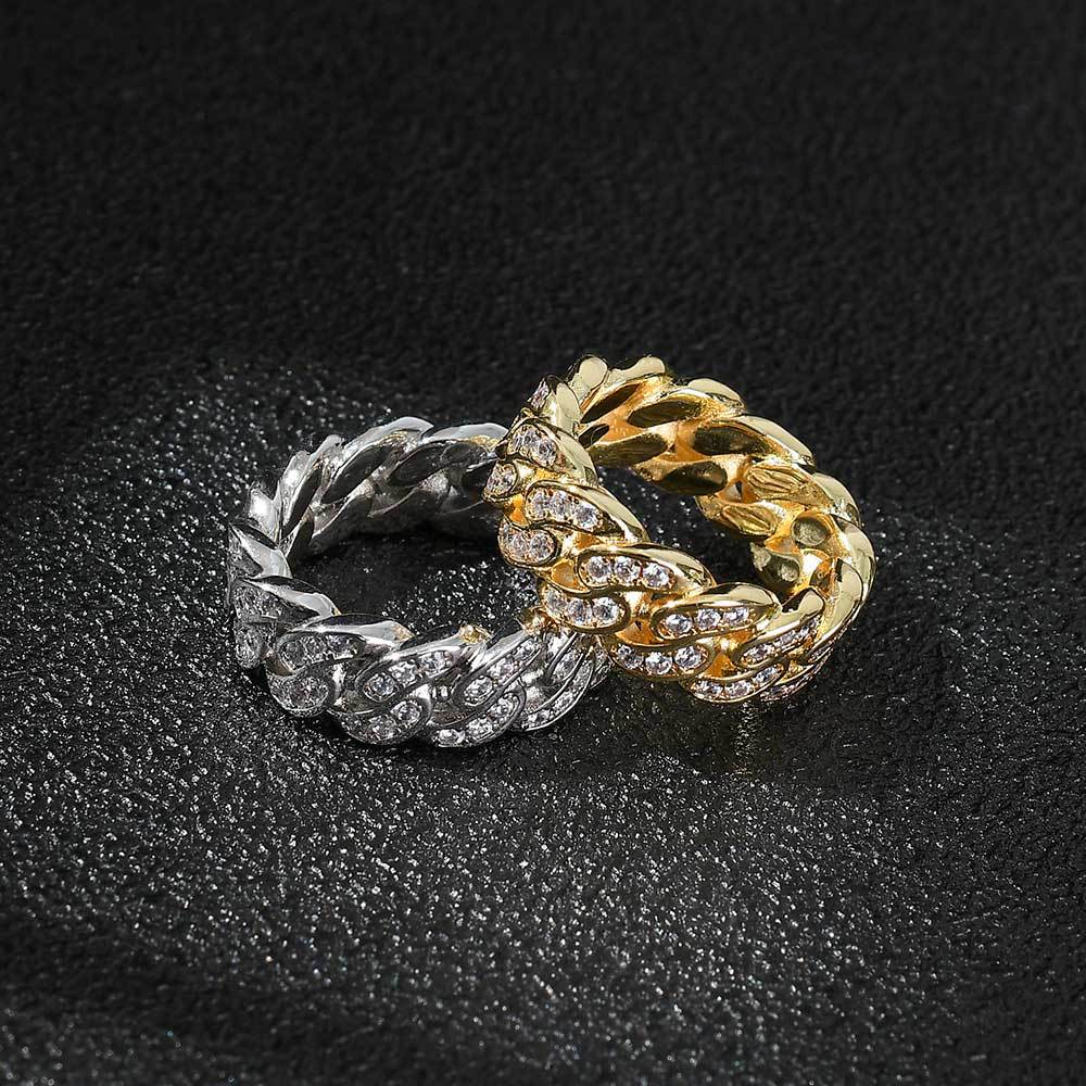 8mm Cuban Link Ring with Cubic Zirconia Stones in Gold or White Gold
