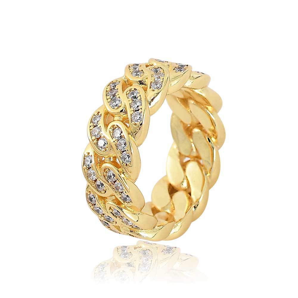 8mm Cuban Link Ring with Cubic Zirconia Stones in Gold or White Gold