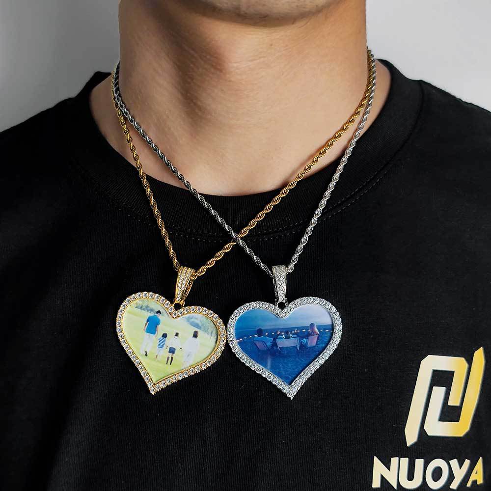 Heart-Shaped Photo Pendant Necklace with Cubic Zirconia Accents in Gold or White Gold