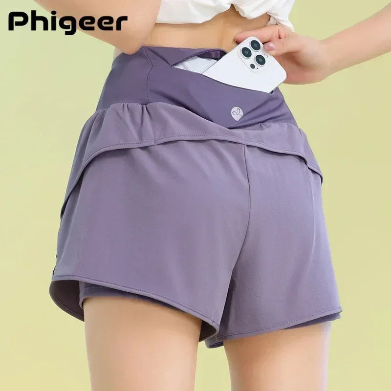 PHIGEER Yoga Shorts for Women Lightweight Gym Cycling Workout Shorts with Pocket Breathable Running Sweatpants Athletic Clothes