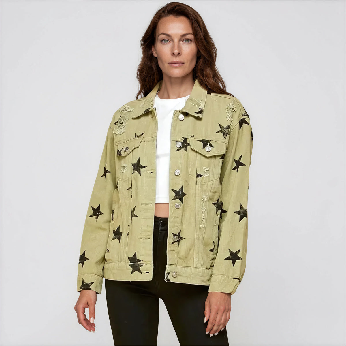 Olive Star Distressed Denim Jacket