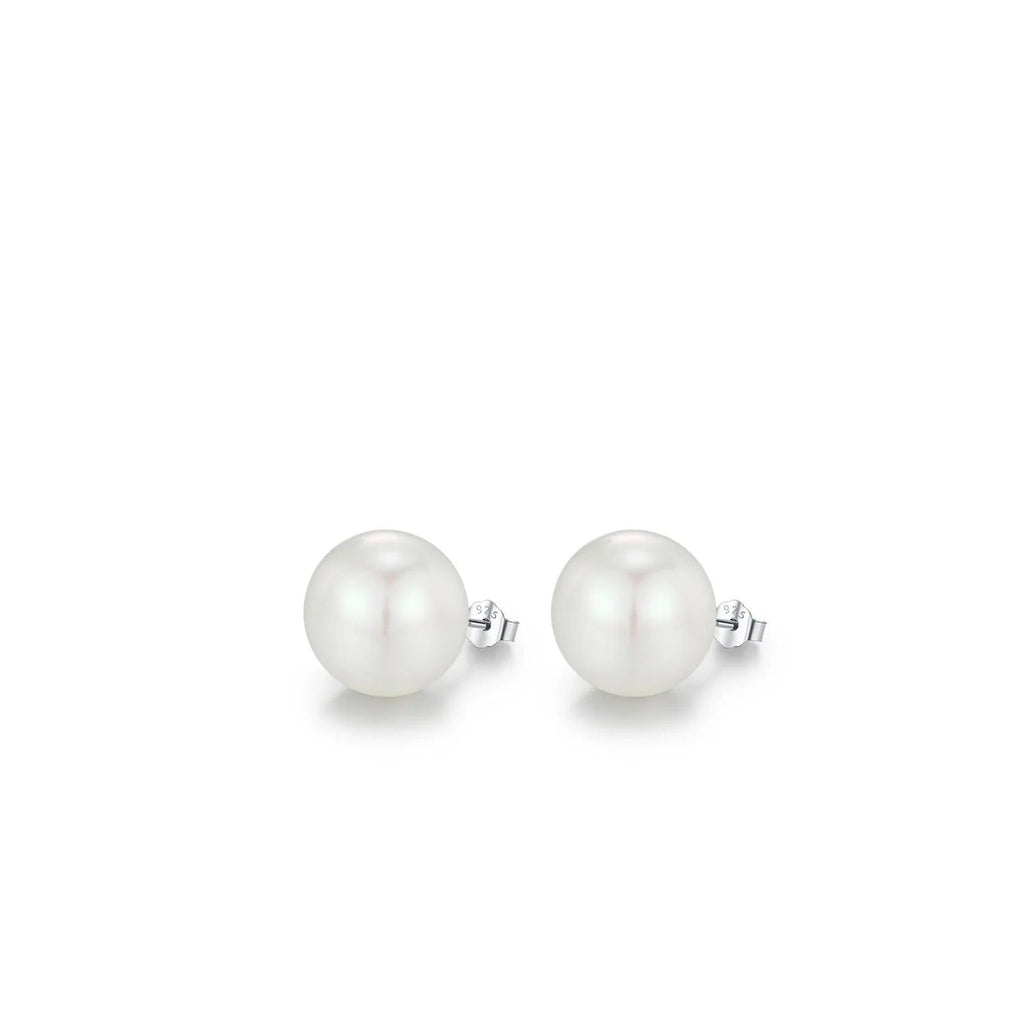 Geometric Pearl Stud Earrings in Sterling Silver with Clear Crystal Accents