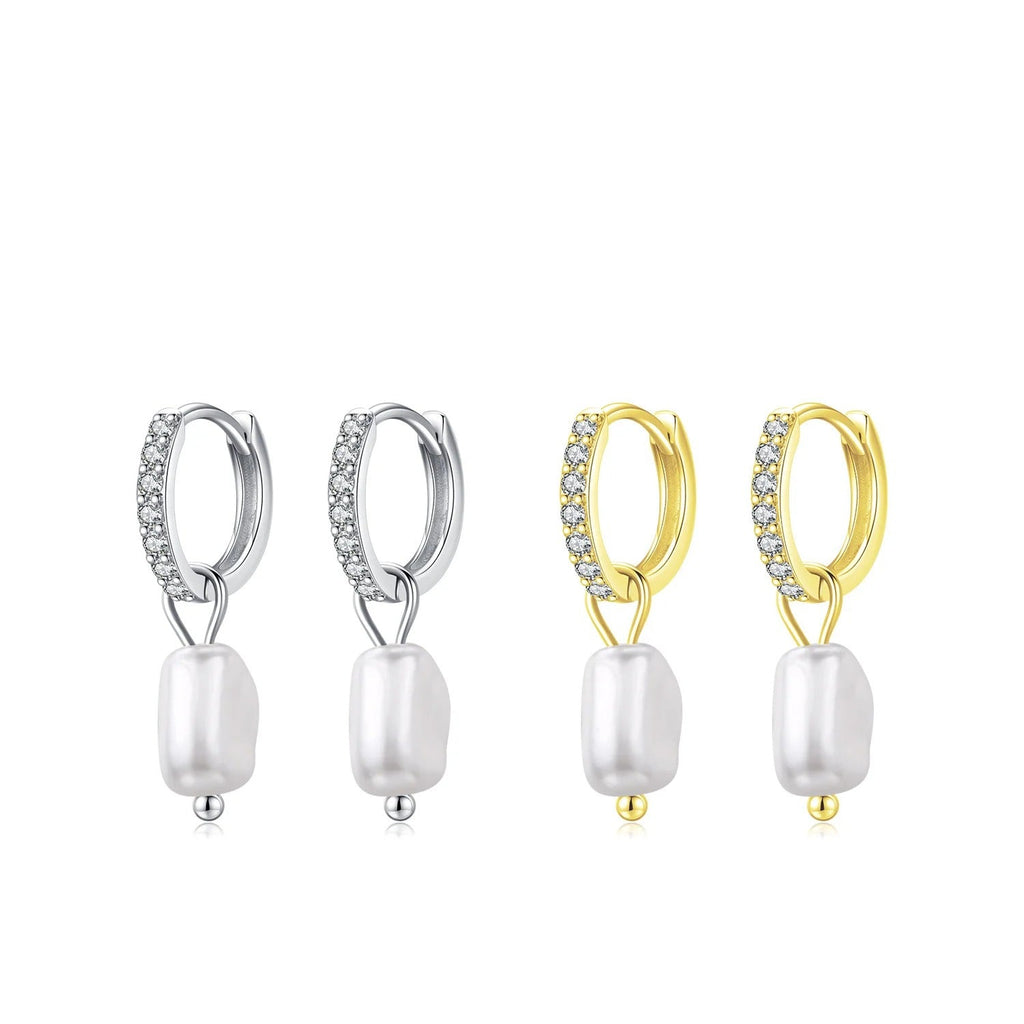 Baroque Pearl Hoop Earrings in Sterling Silver with Sparkling Accents